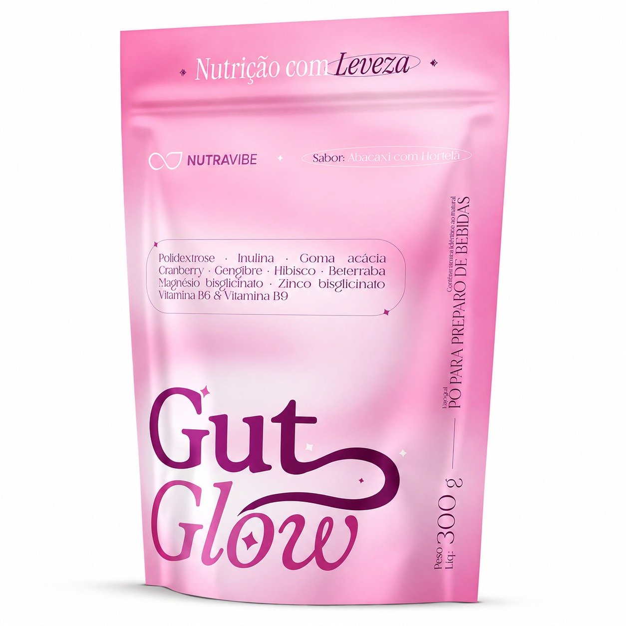 Pouch Gut Glow da NutraVibe, 300g, sabor abacaxi com hortelã